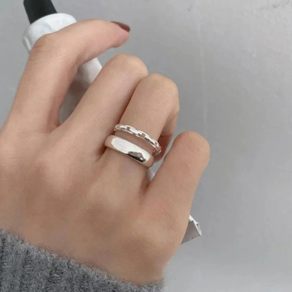 Minimalist 925 Sterling Silver Thick Chunky Silver Ring Thin Chain Layer Ring